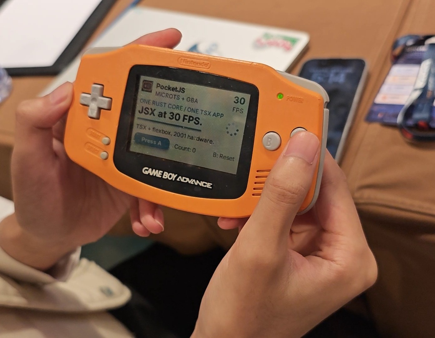 The PocketJS team's demo running on a Game Boy