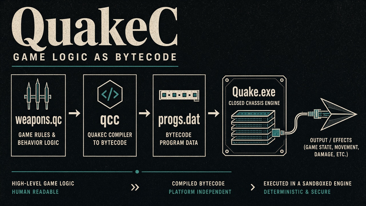 weapons.qc 经 qcc 编成 progs.dat，再插入保持封闭的 Quake.exe