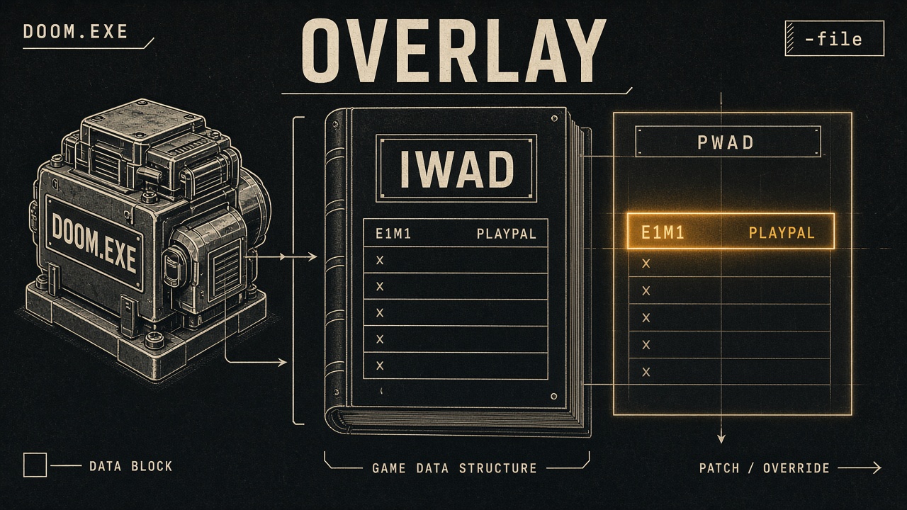 DOOM.EXE 保持不动，PWAD 按名字盖住 IWAD 里的同名 lump